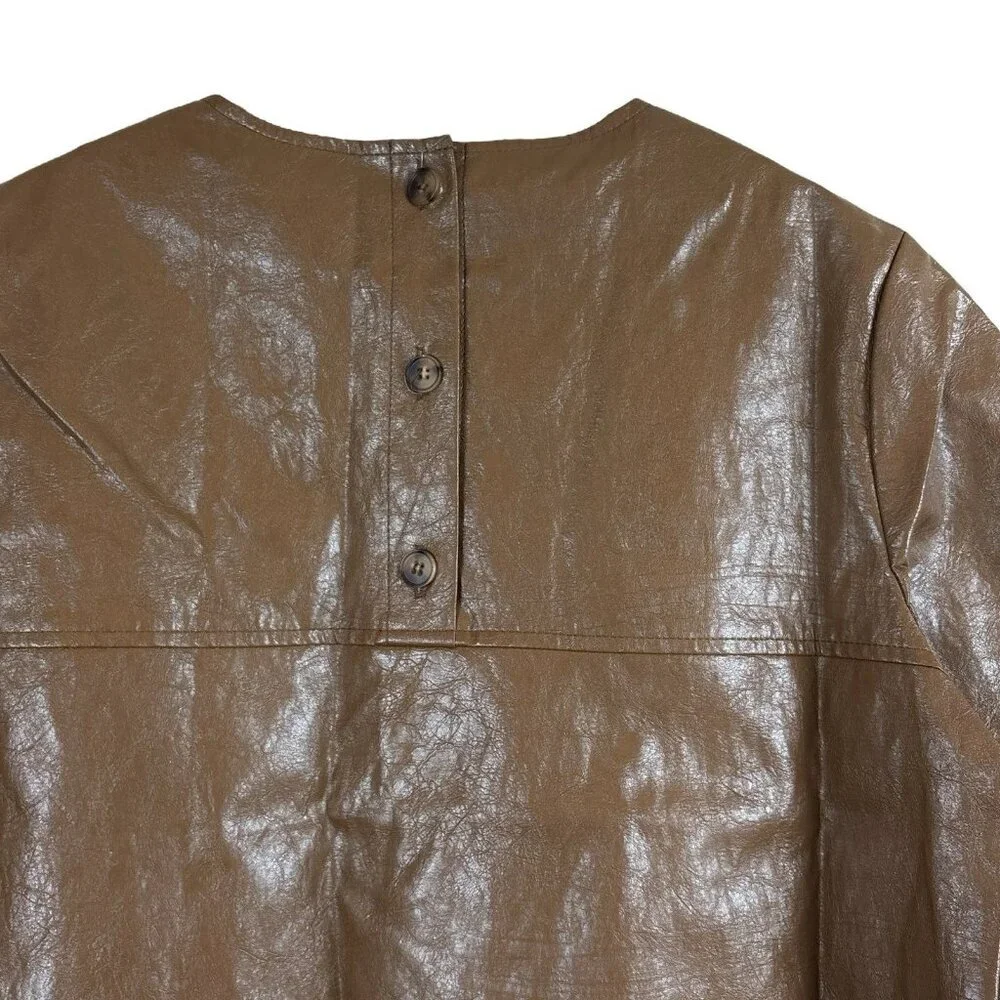 Mignon Doo Cropped Faux Leather Shiny Buttoned Blouse Top Brown Size Small